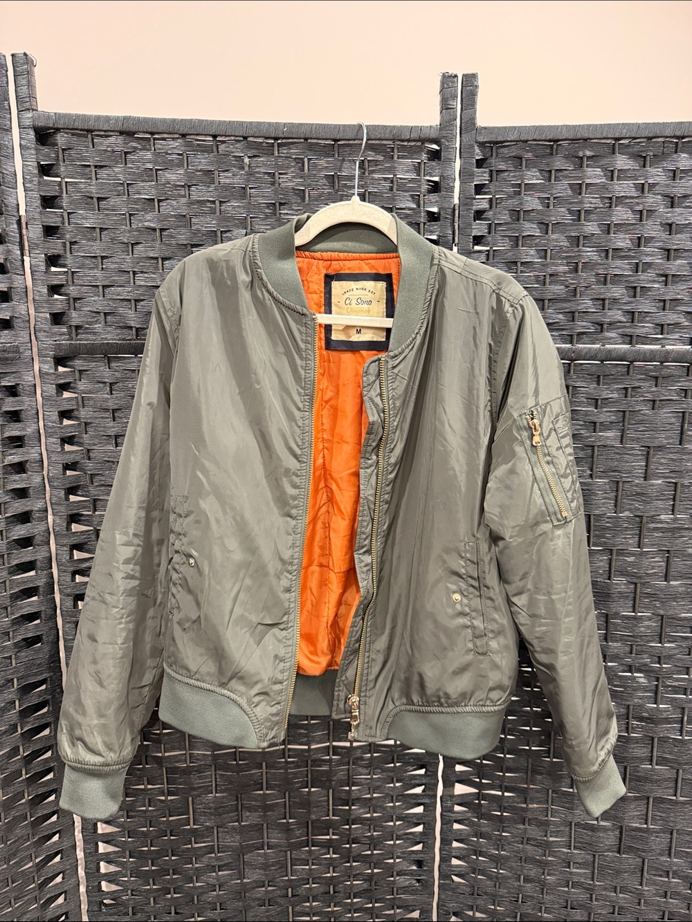 Olive Green Bomber Jacket with Orange Lining